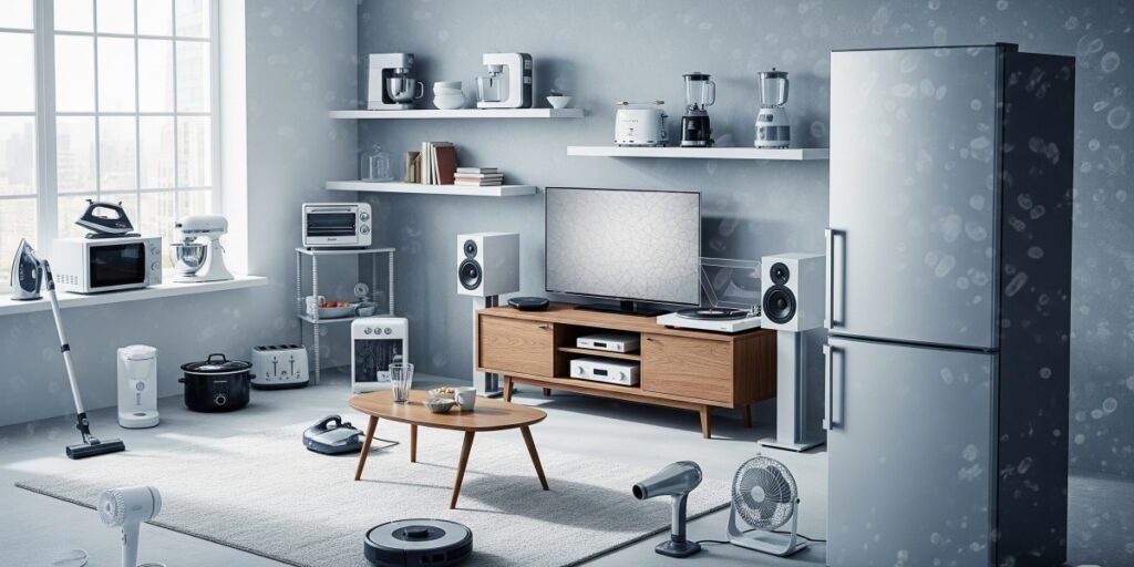 テレビや冷蔵庫、調理家電、掃除機など多品目の家電が並ぶ室内の実物写真。出張買取対象の家庭用電化製品として紹介。